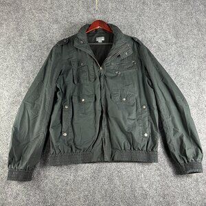 H&M Jacket Mens 44 Black Cotton Lined Full Zip Hidden Hood Snap Pockets